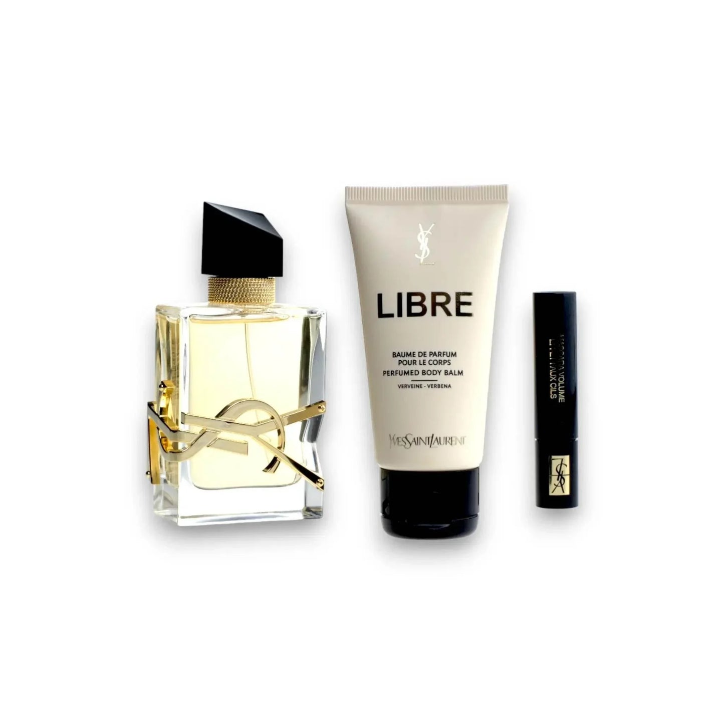 Parfum Geschenkset mit Eau de Parfum, Body Balm und Mascara auf weißem Hintergrund