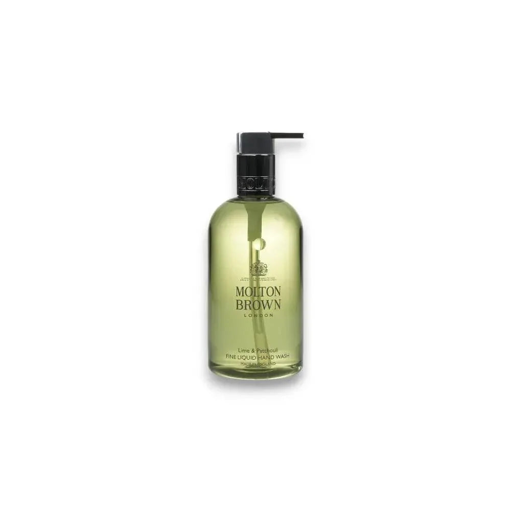 Molton Brown Lime & Patchouli Handseife in klarer Pumpflasche auf weißem Hintergrund