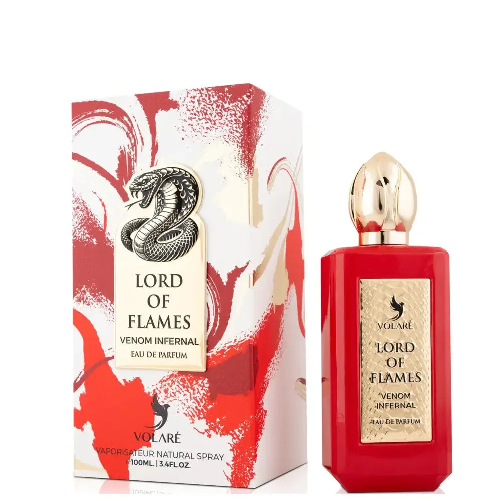Edles rotes Parfum Lord of Flames Venom Infernal mit goldener Verzierung und Schachtel