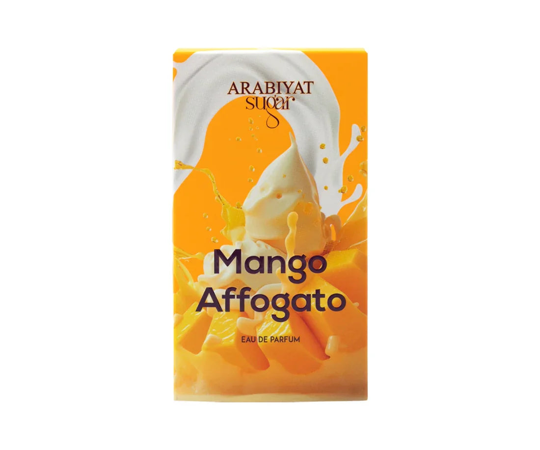 Parfumverpackung Mango Affogato mit Mangostückchen, Sahnewirbel und leuchtenden Farben