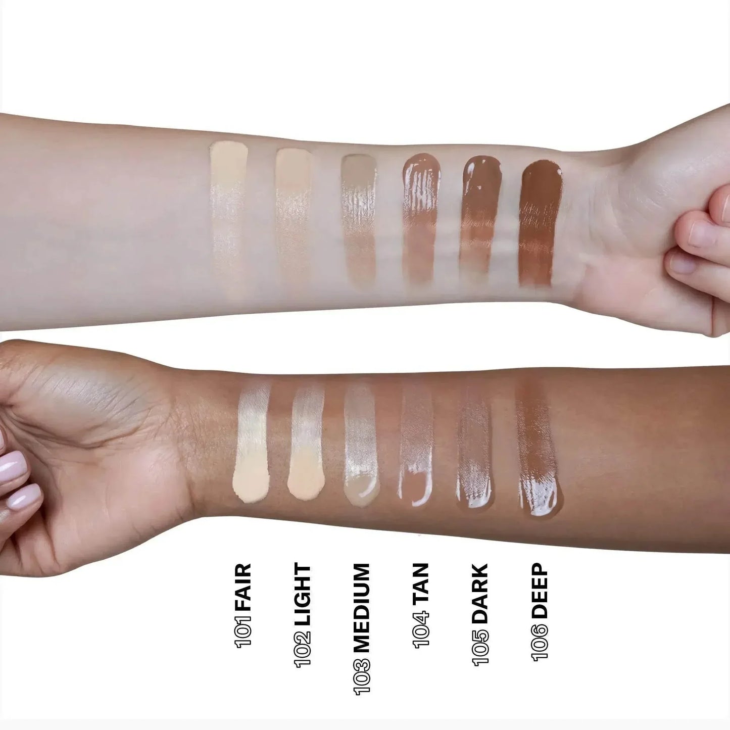 Zwei Unterarme mit sechs getönten Creme-Swatches in verschiedenen Hauttönen, SPF 20, Deckkraftvergleich.