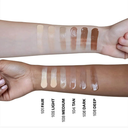 Zwei Unterarme mit sechs getönten Creme-Swatches in verschiedenen Hauttönen, SPF 20, Deckkraftvergleich.