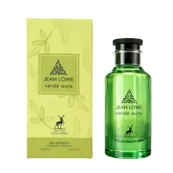 Jean Lowe Verde Aura Eau de Parfum, grüne Flasche mit elegantem Design und passender Verpackung