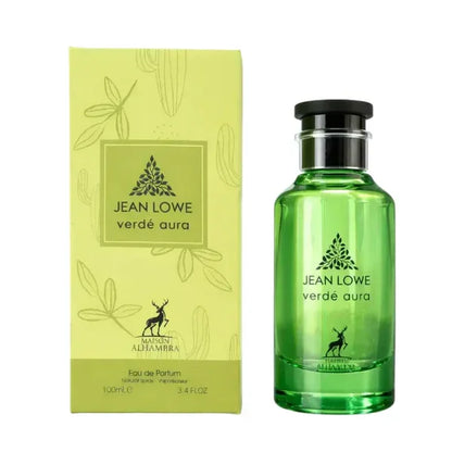 Jean Lowe Verde Aura Eau de Parfum, grüne Flasche mit elegantem Design und passender Verpackung