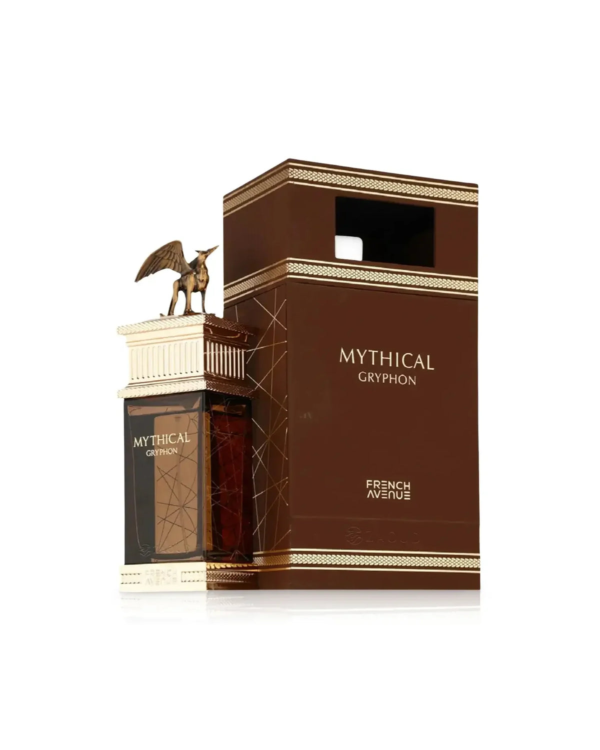 Luxusparfum Mythical Gryphon in brauner Flasche mit vergoldeter Gryphon-Figur und passender Box