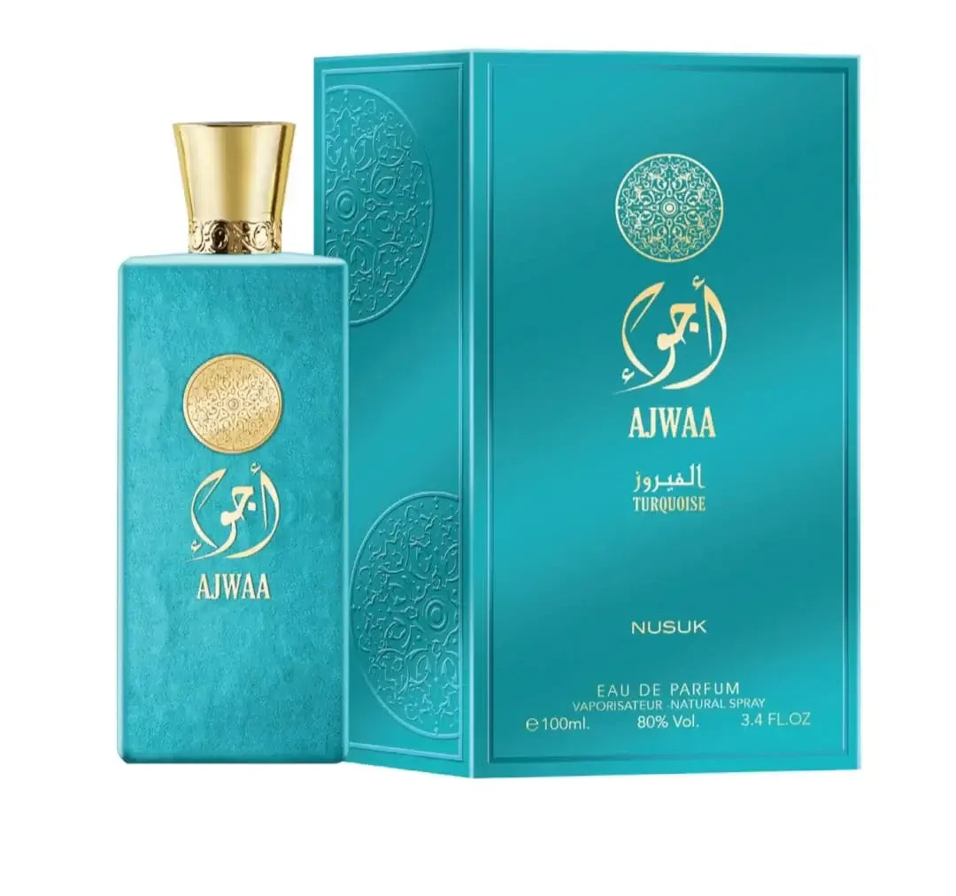 Türkise Parfumflasche AJWAA mit goldener Verzierung und passender Verpackung, Eau de Parfum.