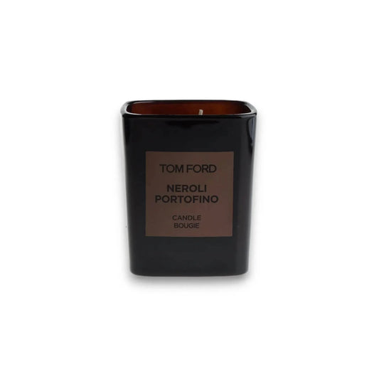 Schwarze Duftkerze mit Neroli-Portofino-Aufschrift, elegantes Glasgefäß, minimalistisch