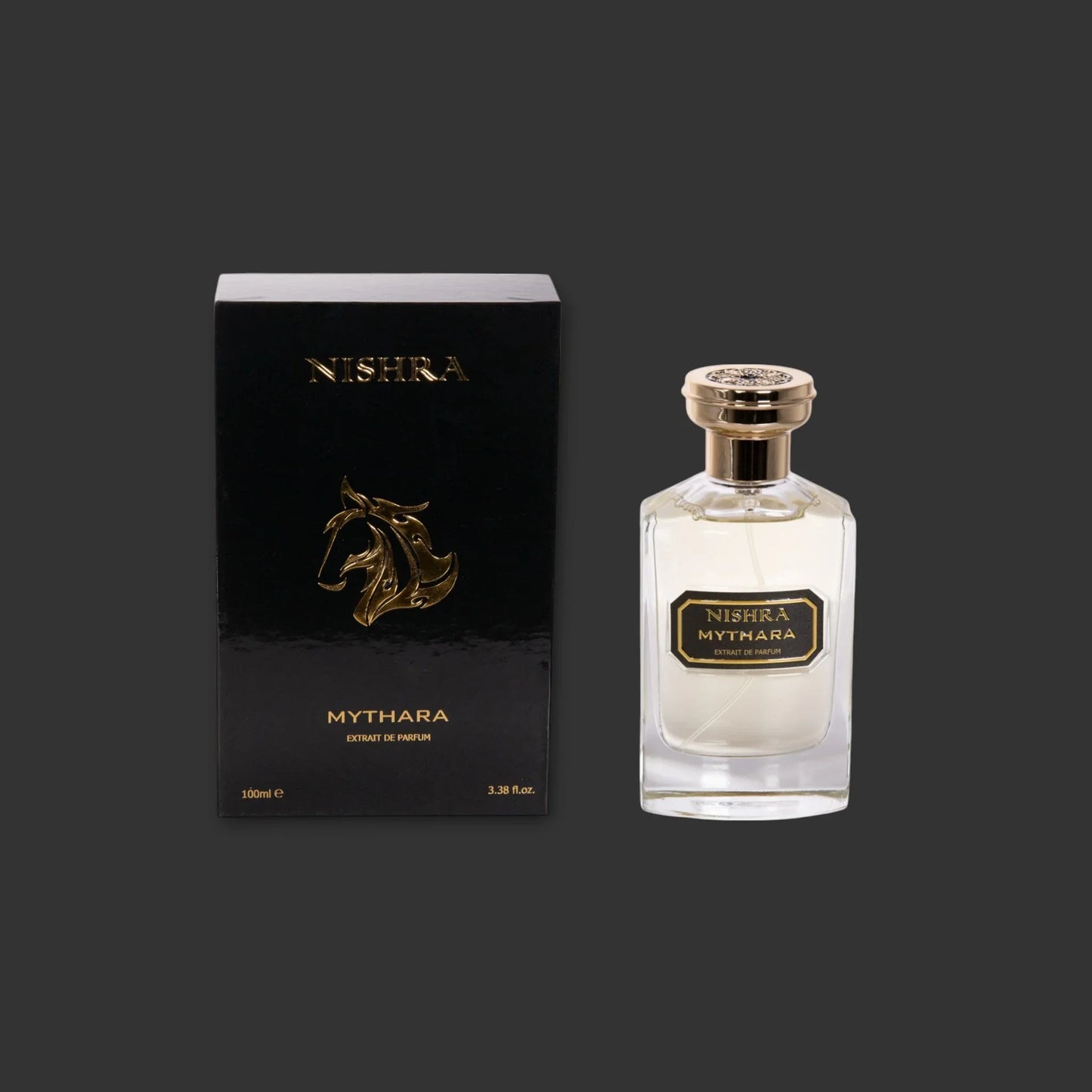 Luxus Parfum Nishra Mythara, edler Flakon und schwarze Verpackung mit goldenen Akzenten