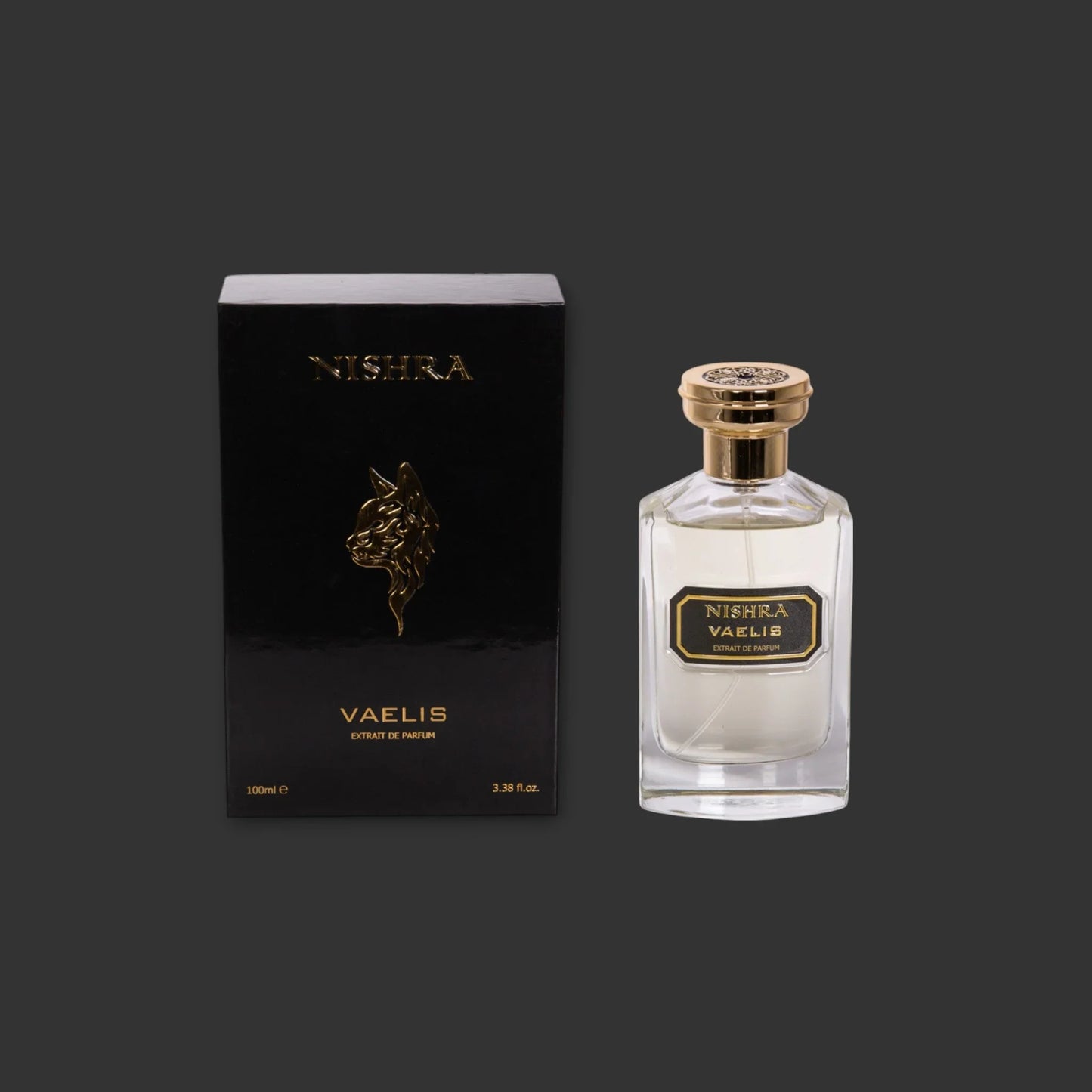 Luxusparfum Nishra Vaelis in eleganter Glasflasche mit passender schwarzer Verpackung