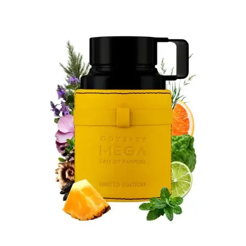 Luxuriöses Parfümflakon in Gelb vor Früchten, Zitrusfrüchten und Kräutern, Eau de Parfum