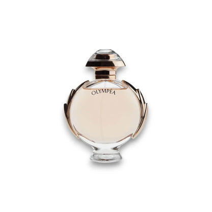 Elegantes Damenparfum Olympéa in runder, luxuriöser Flasche mit goldenen Akzenten auf weißem Hintergrund