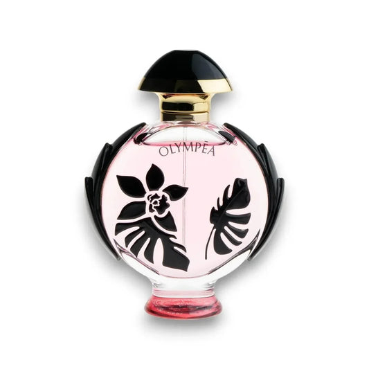 Luxus Damenparfum Flakon mit rosa Duft, floraler Verzierung und elegantem schwarzen Verschluss