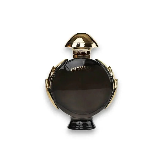 Luxusparfum Flakon, rund, schwarz-gold mit OLYMPEA Schriftzug auf weißem Hintergrund