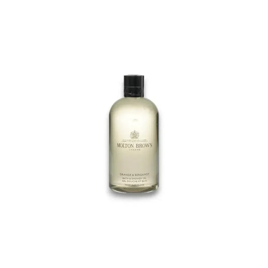 Molton Brown Orange & Bergamot Duschgel in transparenter Flasche auf weißem Hintergrund
