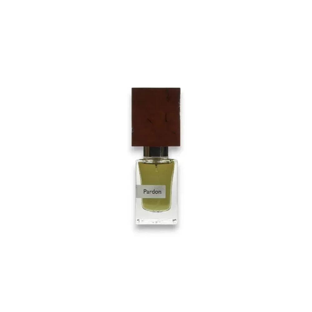 Exklusives Parfumflakon mit Holzverschluss, goldene Flüssigkeit, Etikett Pardon