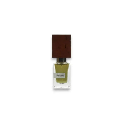 Exklusives Parfumflakon mit Holzverschluss, goldene Flüssigkeit, Etikett Pardon