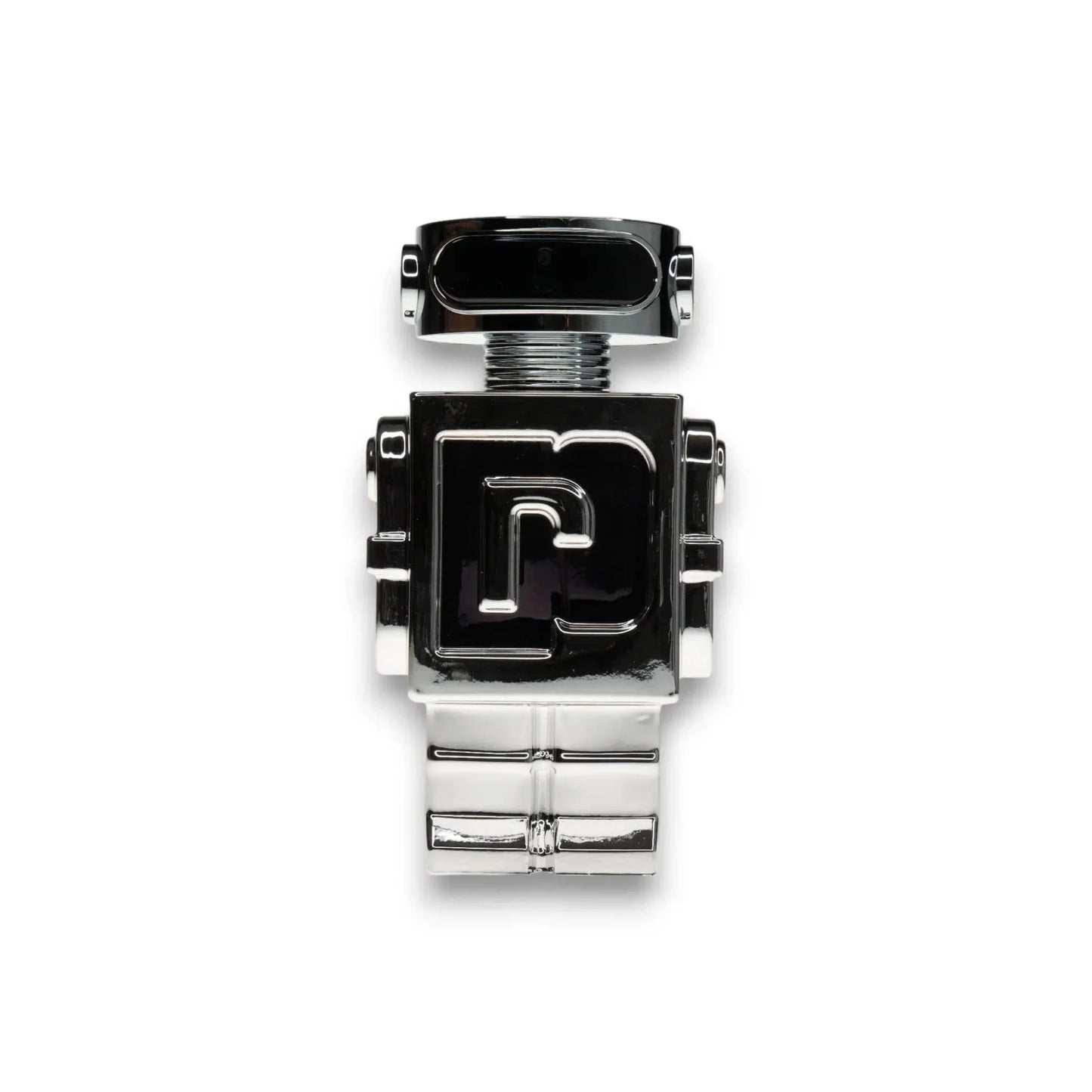 Roboterförmiger Parfumflakon in Chromoptik, moderner Herrenduft, minimalistisch freigestellt