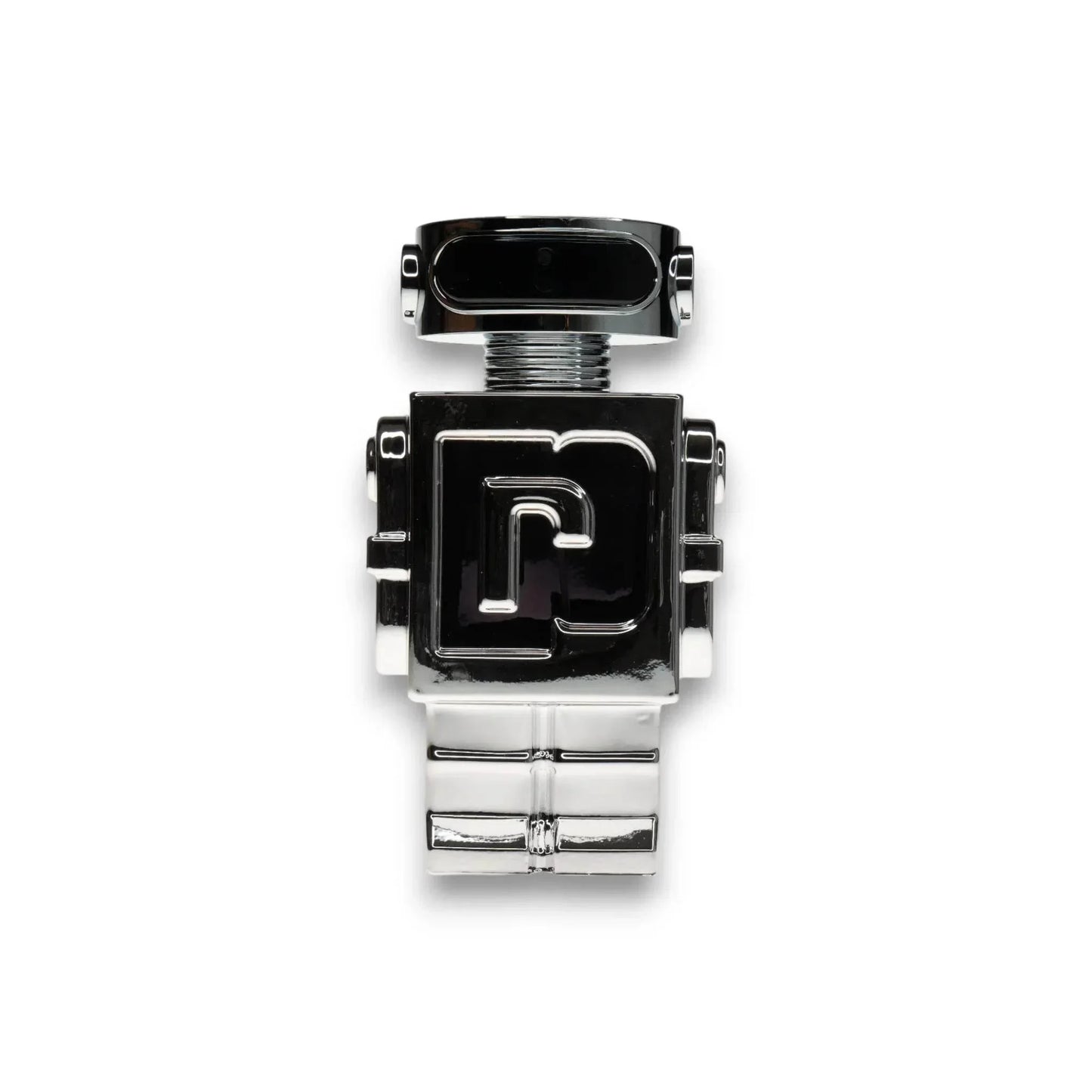 Silbernes Parfumflakon in Roboterform auf weißem Hintergrund, Herrenduft Flakon Design