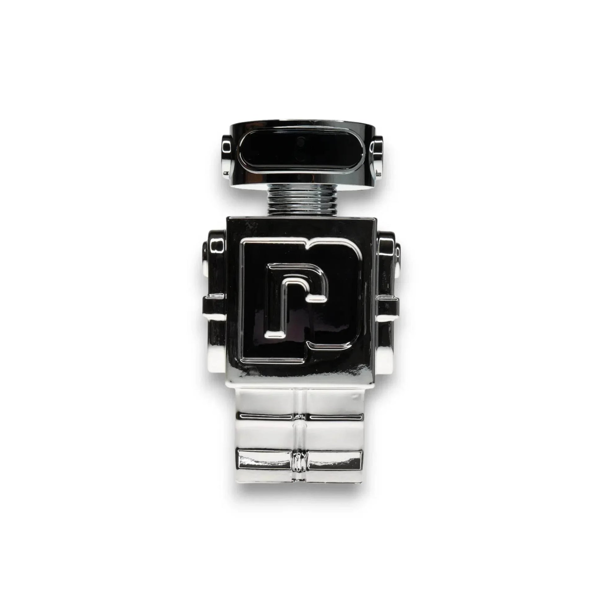 Silbernes Parfumflakon in Roboterform auf weißem Hintergrund, Herrenduft Flakon Design