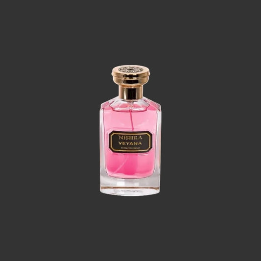 Luxus Parfumflakon mit pinker Flüssigkeit, goldener Verschluss, NISHRA VEYANA Etikett