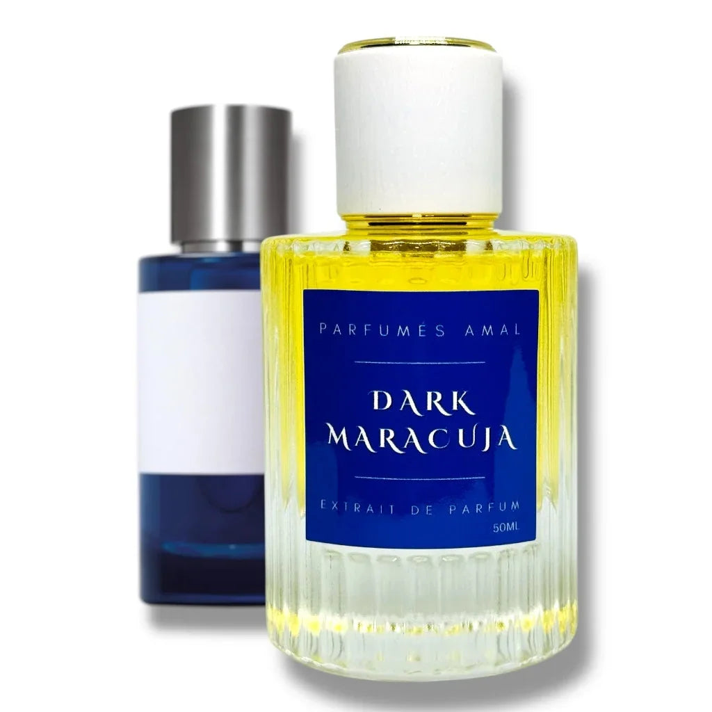 Parfumes Amal Dark Maracuja Extrait de Parfum Flakon mit gelbem Duft und blauem Etikett
