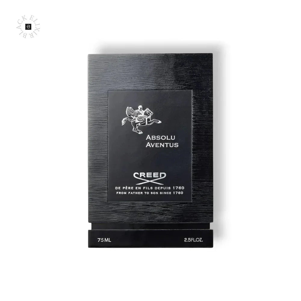 Schwarze Luxusparfum-Verpackung, Aufschrift Absolu Aventus, elegante Optik, 75ml
