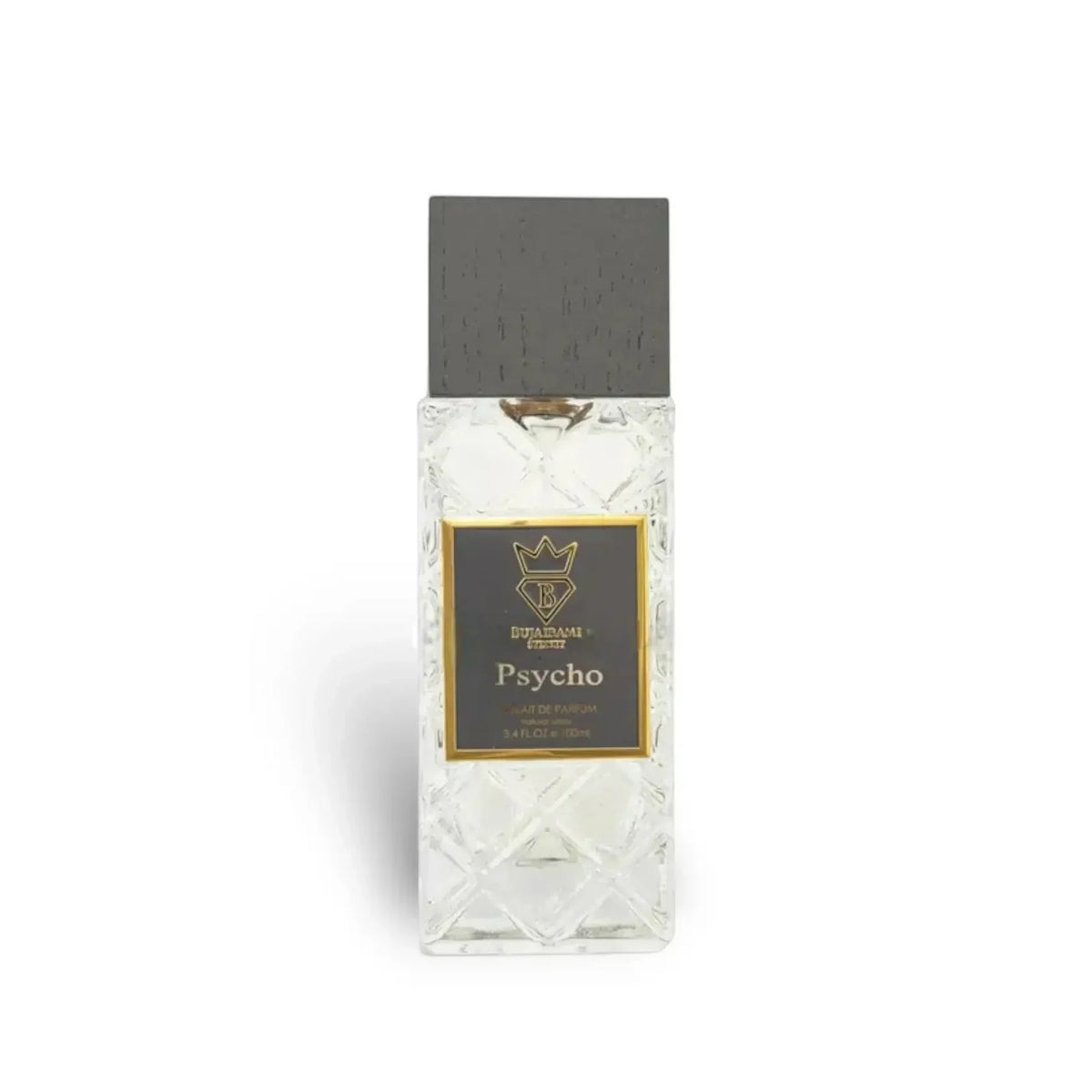 Bujairami Psycho Extrait de Parfum in einem kristallinen Glasflakon mit grauem Verschluss