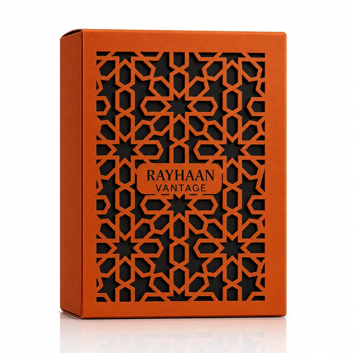 Orangefarbene Verpackung des Rayhaan Vantage Eau de Parfum mit orientalischem Ornament-Design