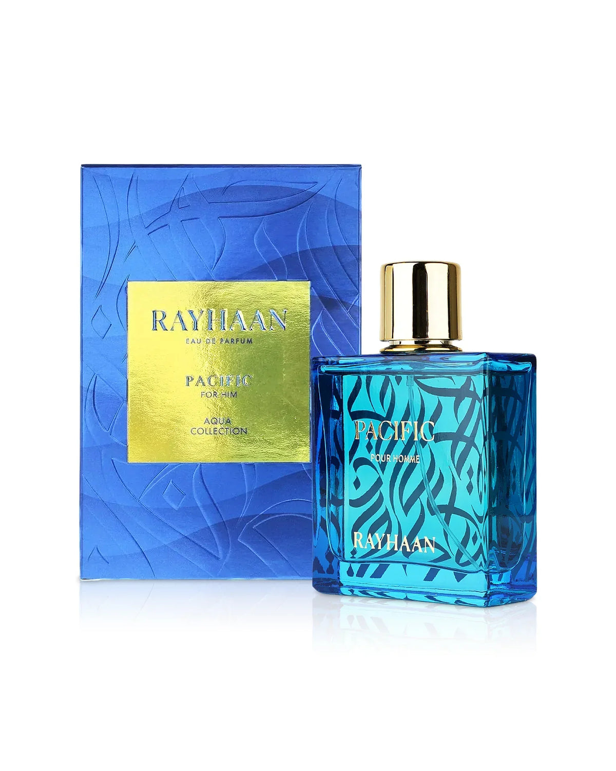 Blauer Herrenparfum-Flakon Rayhaan Pacific mit goldener Kappe neben passender Box auf weißem Hintergrund