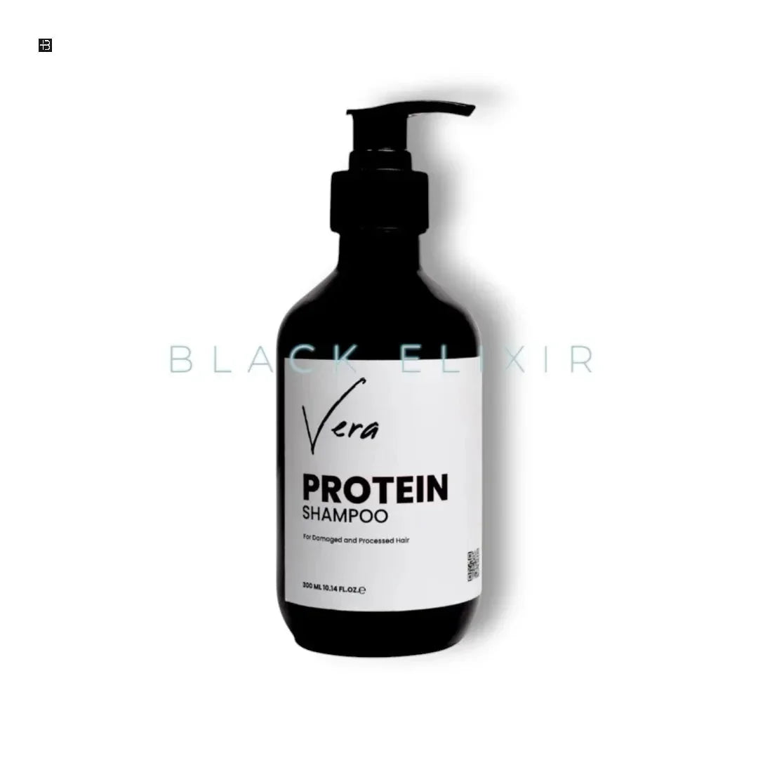 Vera Protein Shampoo Flasche, schwarzes Design, Pflegeshampoo für geschädigtes Haar