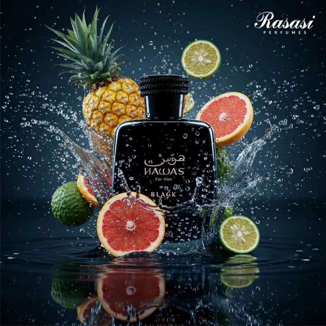 Luxus Herrenparfum Hawas Black mit fruchtigem Zitrusduft, umgeben von Ananas, Grapefruit und Limette