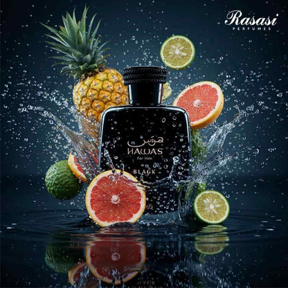 Luxus Herrenparfum Hawas Black mit fruchtigem Zitrusduft, umgeben von Ananas, Grapefruit und Limette