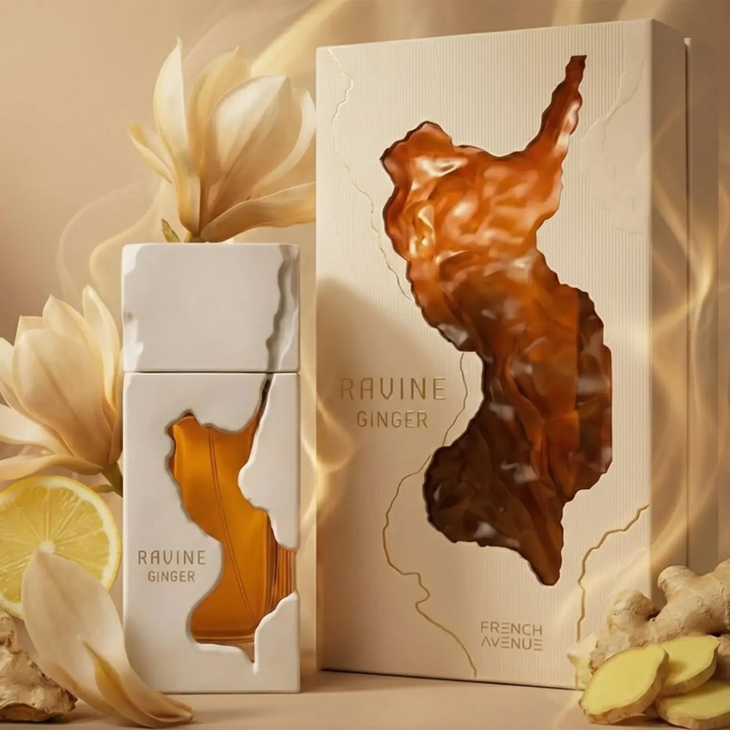 Luxusparfum Ravine Ginger 100ml EDP, stilvolle Flasche mit natürlichem Ingwer, Zitrone und Blüten.