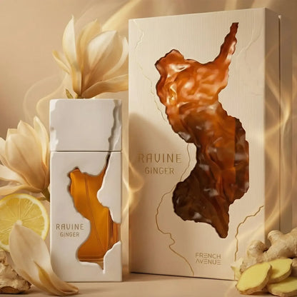 Luxusparfum Ravine Ginger 100ml EDP, stilvolle Flasche mit natürlichem Ingwer, Zitrone und Blüten.