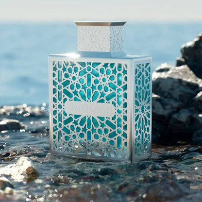 Elegantes Parfümflakon mit arabischem Muster am Meer, Luxusduft für Damen und Herren