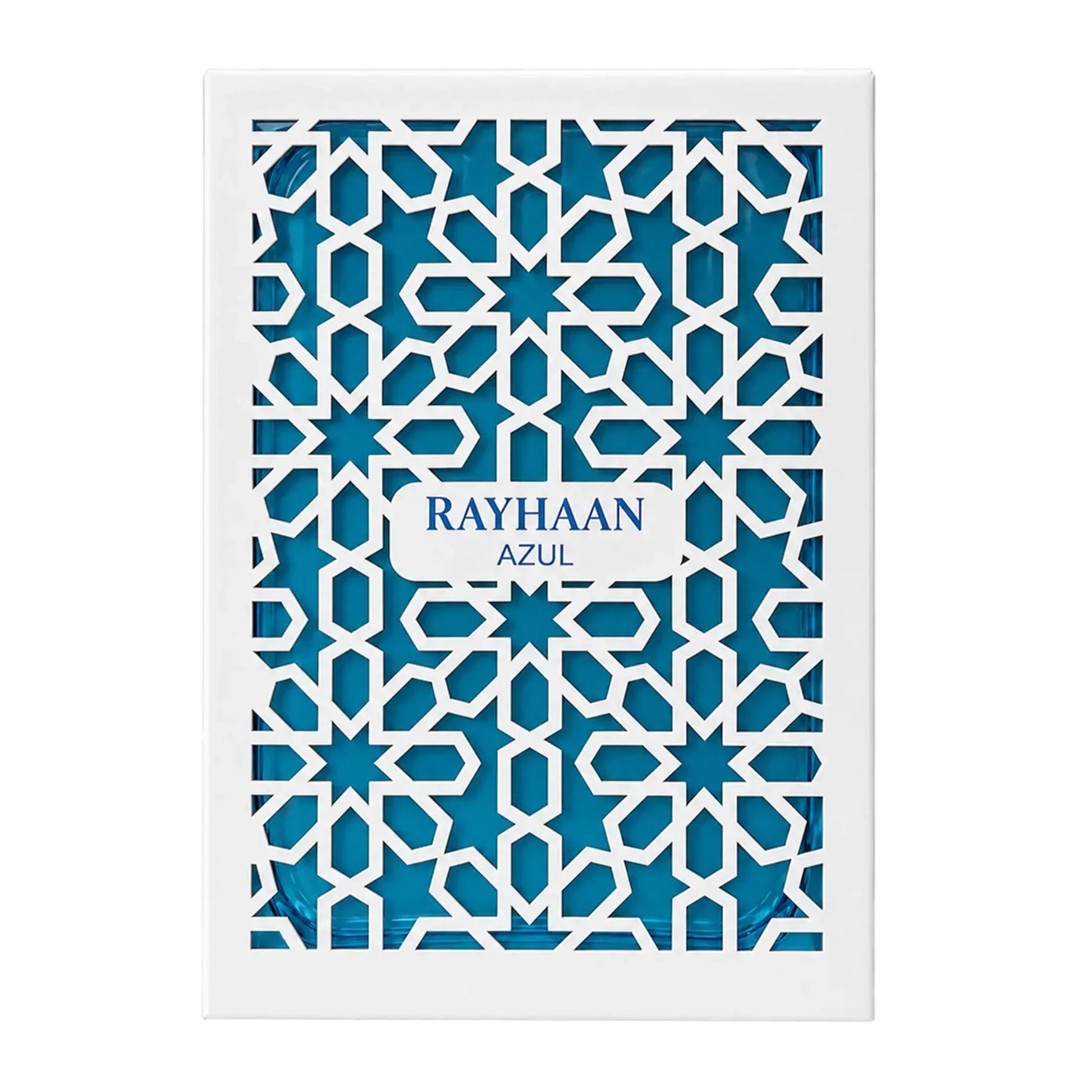 Rayhaan Azul Luxusparfum mit arabischem Muster in Blau und Weiß