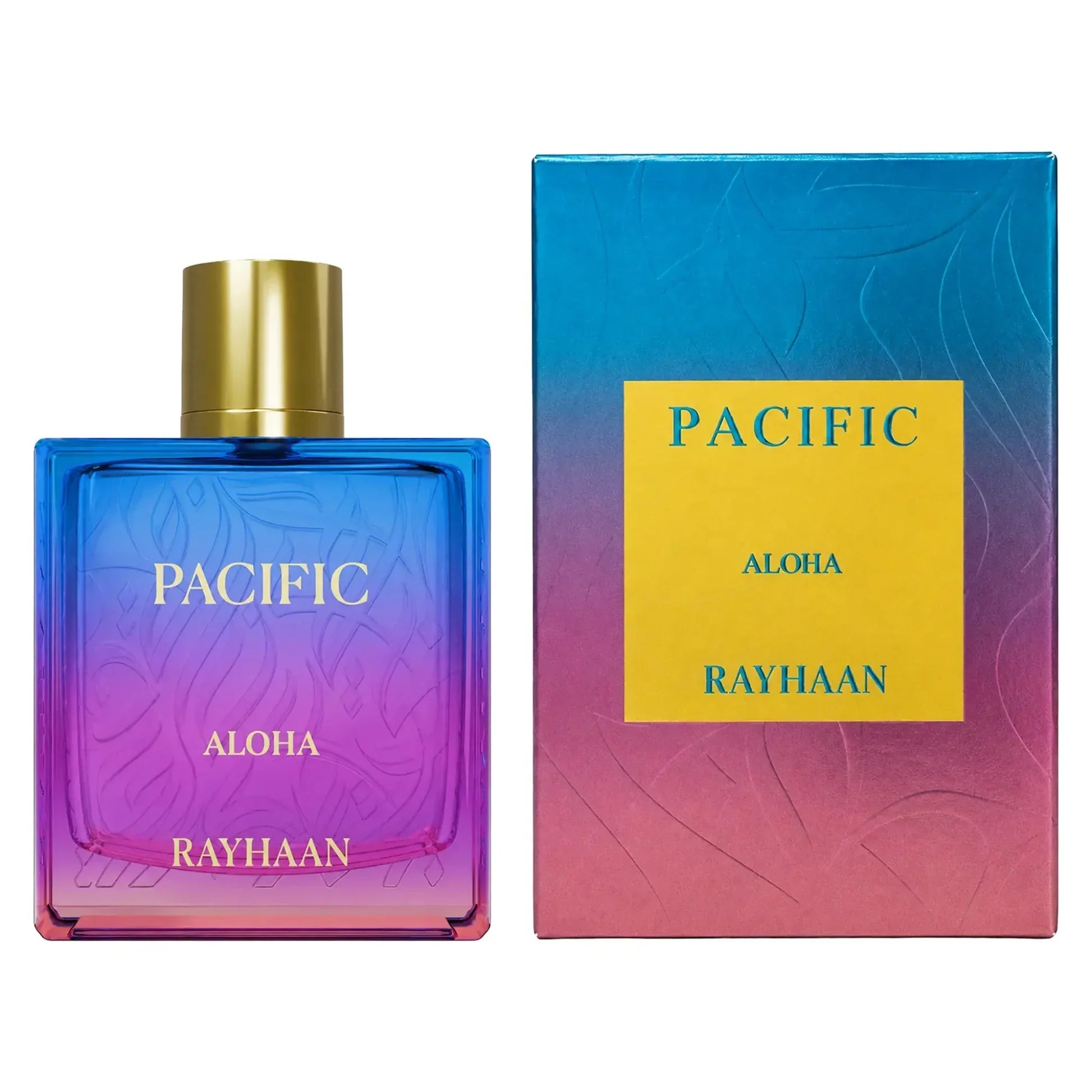 Pacific Aloha Rayhaan Luxusparfum mit blau-lila Flasche und goldener Kappe