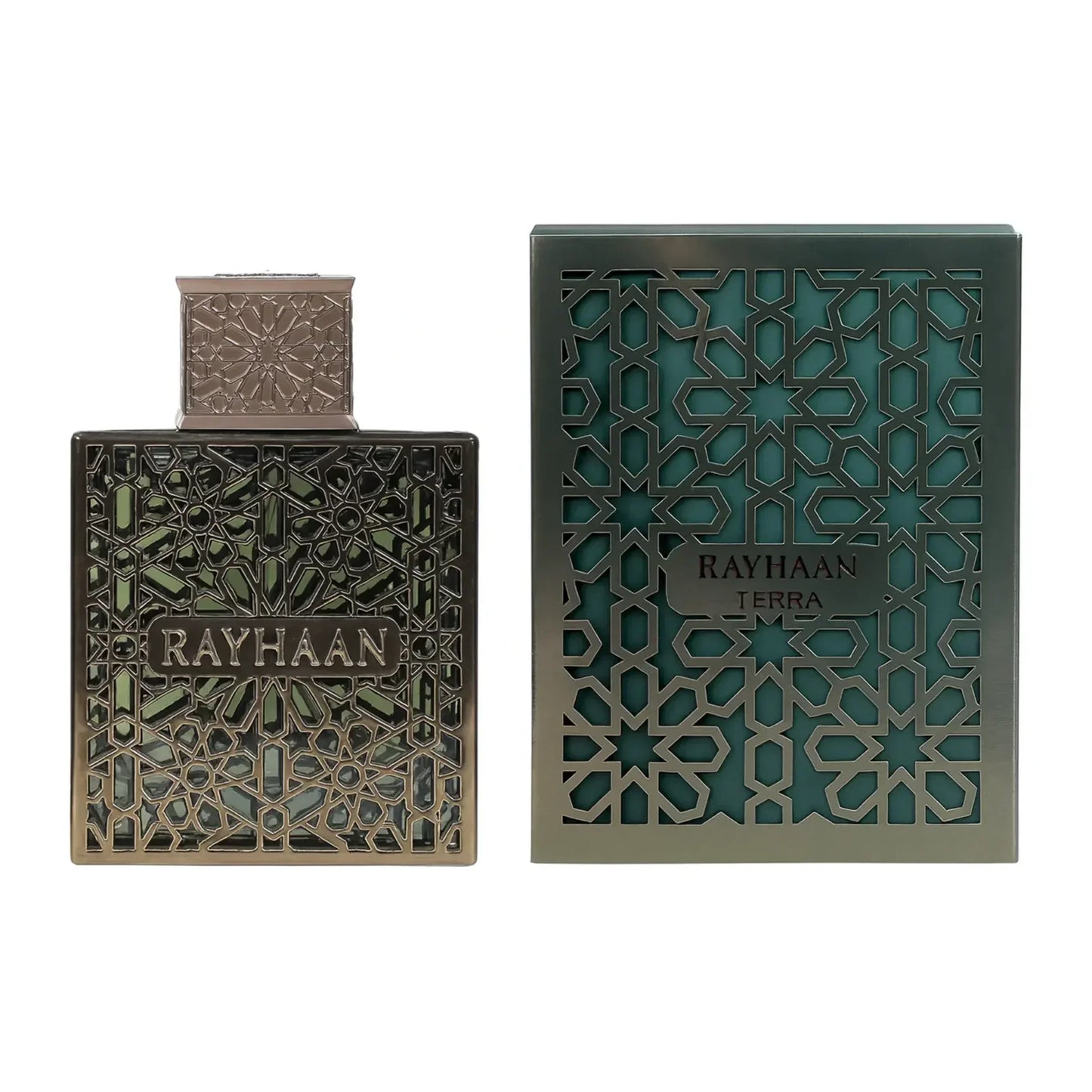 Edles Parfum Rayhaan Terra 100ml mit orientalischem Muster und passender Box, Unisex Duft