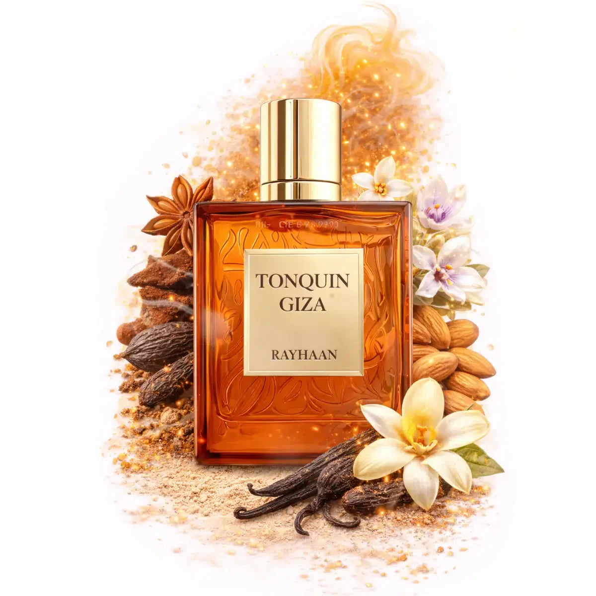 Luxusparfumflakon Tonquin Giza mit goldener Kappe, umgeben von Vanilleschoten, Mandeln und Blüten