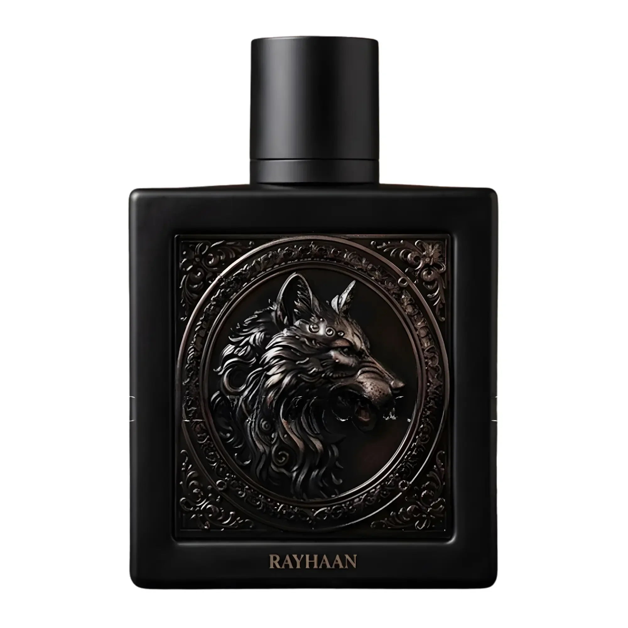 Schwarzer Parfumflakon mit Wolfsrelief und goldener Rayhaan-Schrift, luxuriöses Design