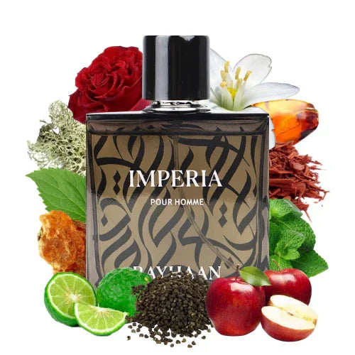Luxus Herrenparfum Flakon mit orientalischem Muster, umgeben von Rose, Apfel, Limette und Gewürzen
