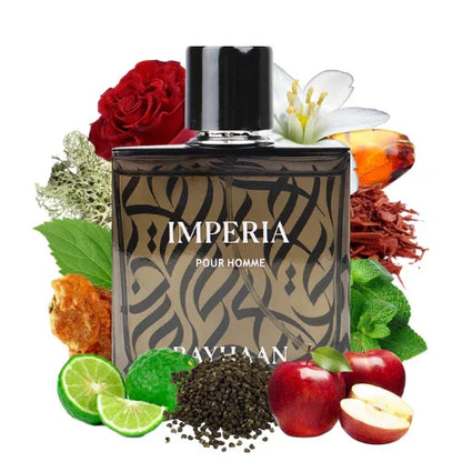 Luxus Herrenparfum Flakon mit orientalischem Muster, umgeben von Rose, Apfel, Limette und Gewürzen
