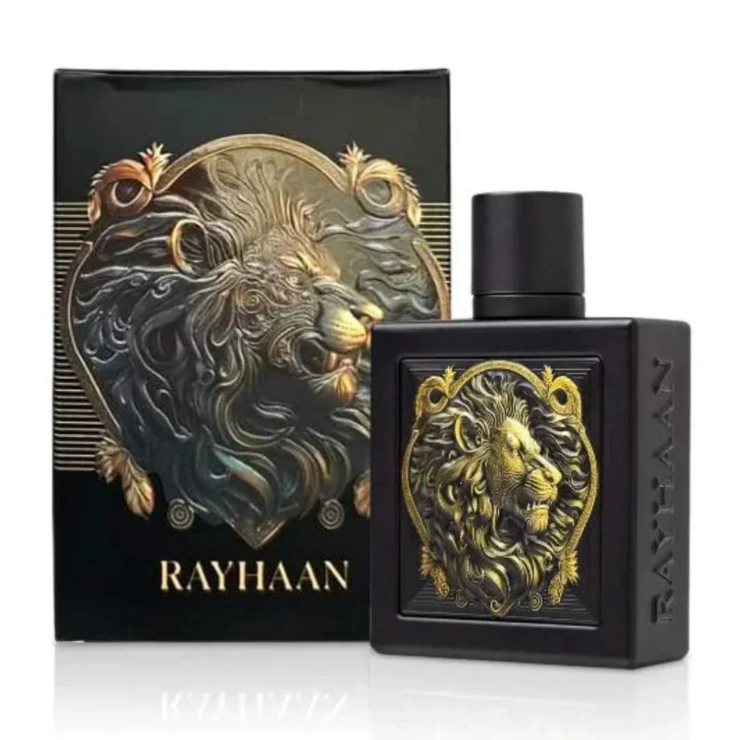 Schwarzes Rayhaan Eau de Parfum für Herren mit goldener Löwenprägung, Flakon und Box