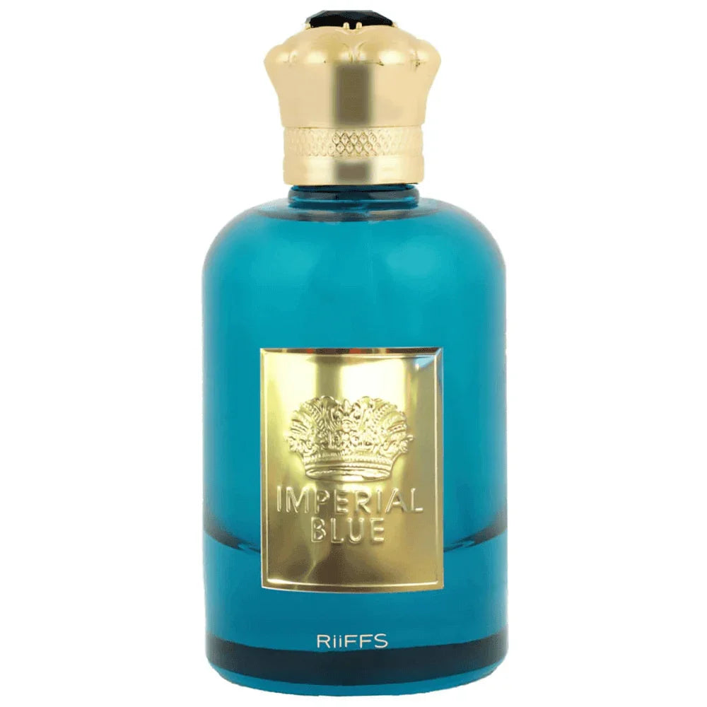 Luxus Parfumflakon in Blau mit goldener Krone und Etikett Imperial Blue, edles Duftdesign