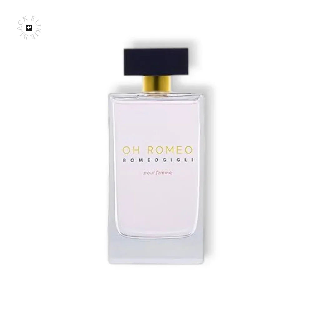 Romeo Gigli Oh Romeo pour Femme Eau de Parfum in einem rechteckigen Glasflakon mit schwarzem Verschluss.