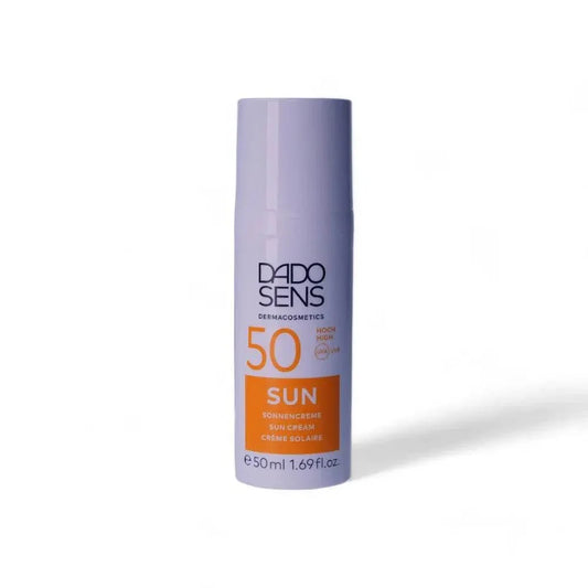 Dado Sens Sun Sonnencreme LSF 50, 50ml, weiße Flasche mit orangefarbener Beschriftung