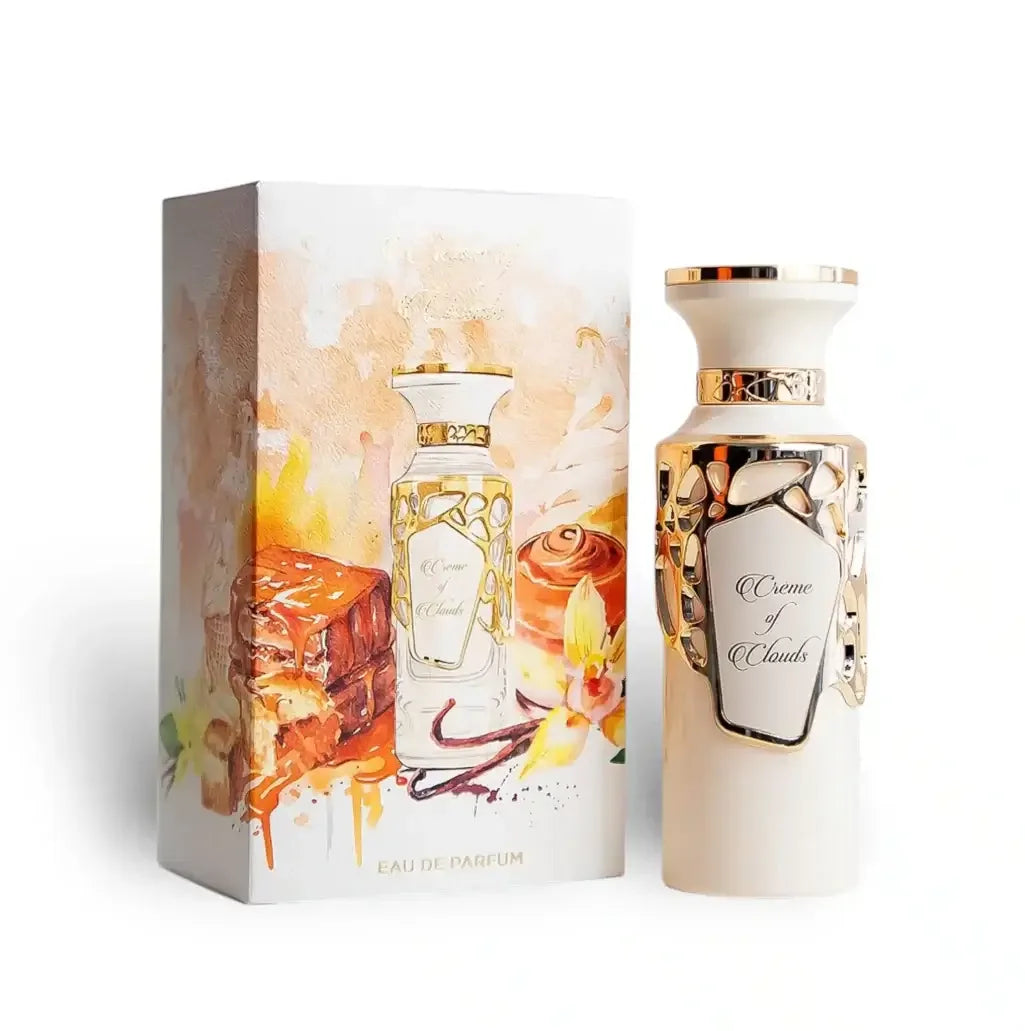 Luxusparfum Creme of Clouds mit dekorativem Flakon und passender Verpackung, vor weißem Hintergrund