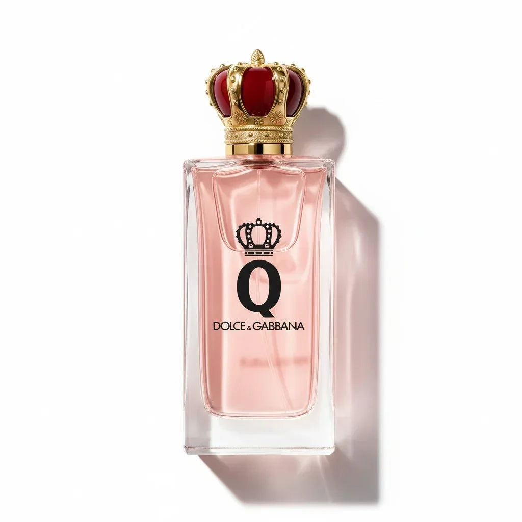 Dolce & Gabbana Q Eau de Parfum Flakon mit rosa Flüssigkeit und goldener Kronenkappe.