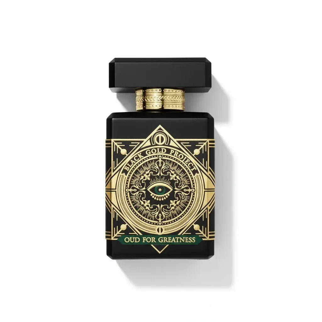 Initio Oud for Greatness Neo: Schwarzer Parfumflakon mit goldenem Auge-Design.