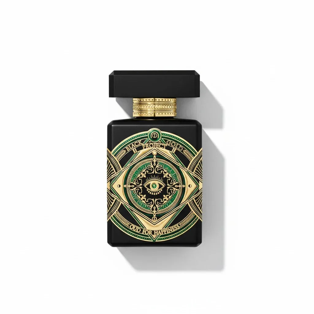 Schwarzer Flakon von Initio Oud For Happiness mit gold-grüner Ornamentik und Auge-Symbol.